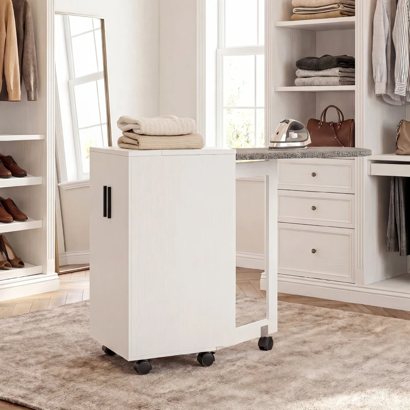 HOMCOM Mobile Stiro Pieghevole a Ruote con Mensola Regolabile e Chiusura Morbida, in Legno e Tessuto, 128x43x83 cm, Bianco