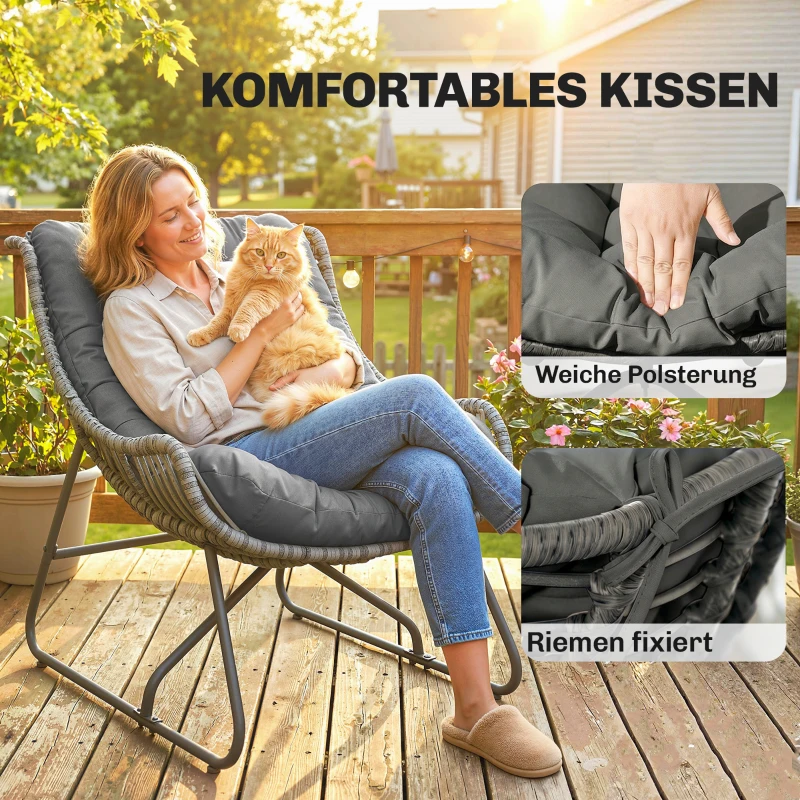 Outsunny Rattansessel mit Kissen Bänder, gepolsterter Outdoor Sessel aus Polyrattan, Korbsessel bis 120kg