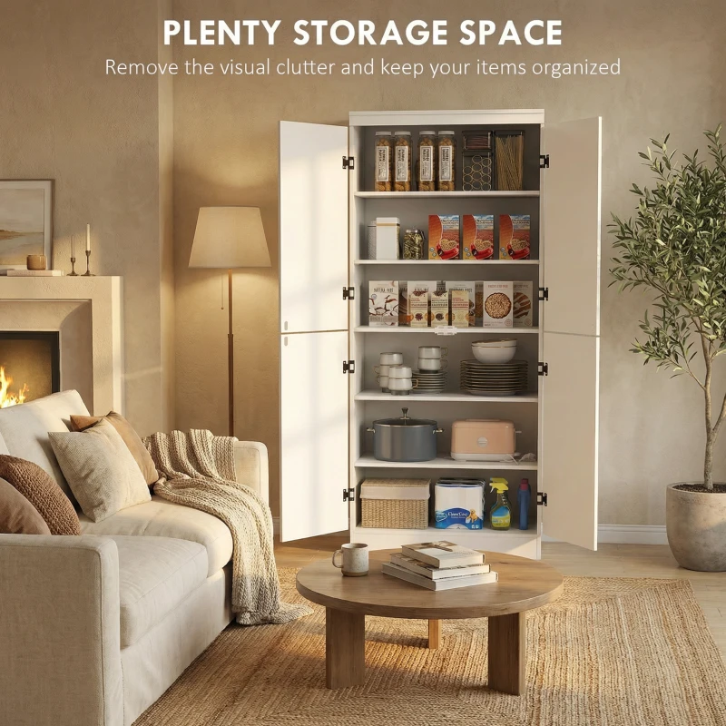 HOMCOM 4-Door Tall Kitchen Cupboard, Freestanding 6-Tier Storage Cabinet with 2 Adjustable Shelves for Living Room, Dining Room, White