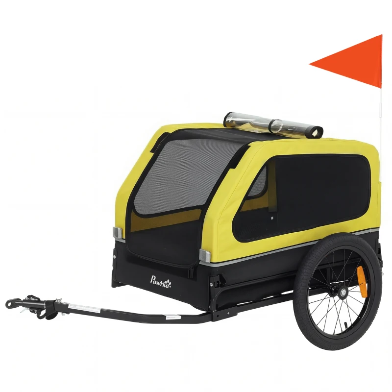 PawHut Dog Bike Trailer with Flip-Down Ramp Tailgate, Quick Release Frame, Universal Bicycle Coupler, Reflectors, Yellow