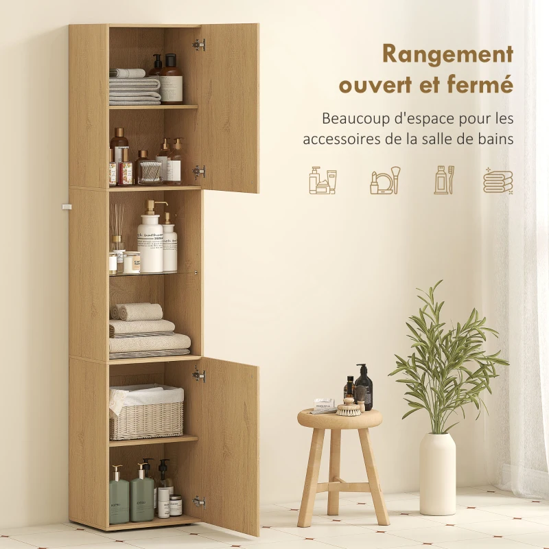 HOMCOM Armoire salle de bain haute, meuble de rangement colonne 6 niveaux 2 portes et étagères réglables, 40x31x182cm, chêne