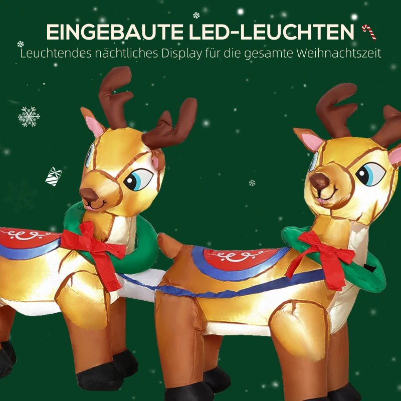 Outsunny Aufblasbare Weihnachtsdekoration, Weihnachtsmann im Rentierschlitten, Polyester