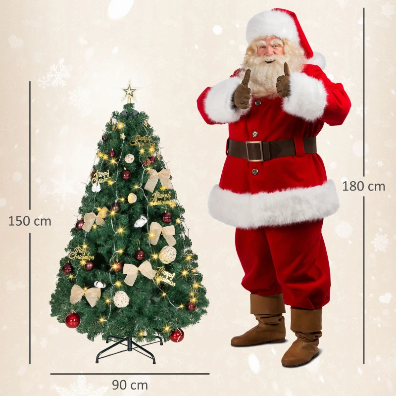 HOMCOM Árbol de Navidad 150 cm con Adornos 150 Luces LED Blanco Cálido 8 Modos de Iluminación 480 Ramas Verde