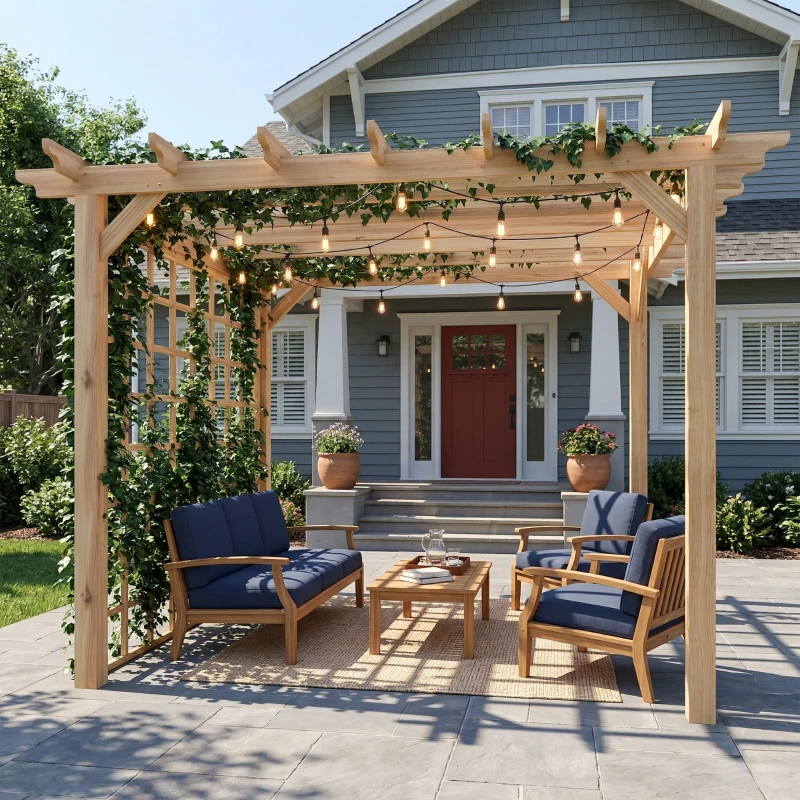 Outsunny 3 x 3 m Wooden Pergola Kit, Garden Pergola Gazebo Arch with Trellis for Climbing Vines, Flowers, Nature Wood Finish