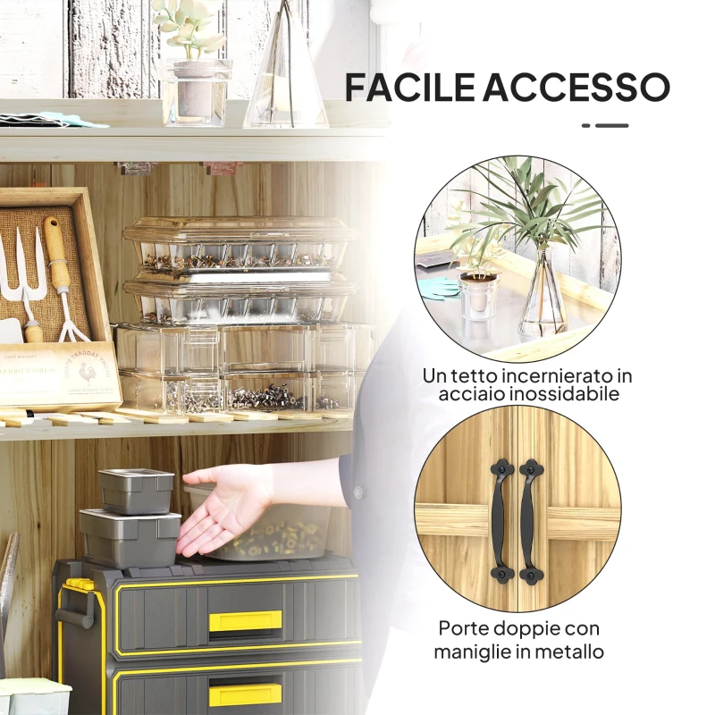 Outsunny Armadietto da Esterno, Capanno Porta Attrezzi con Mensola, in Legno con 2 Ante per Giardino, Patio, Color Legno