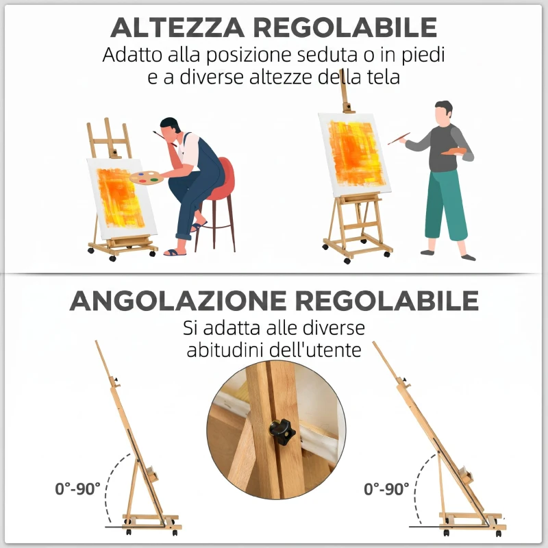 Vinsetto Cavalletto Pittura Pieghevole con Ruote, per Dipingere su Tela, in Faggio Regolabile,per Studio, Artisti Pittori