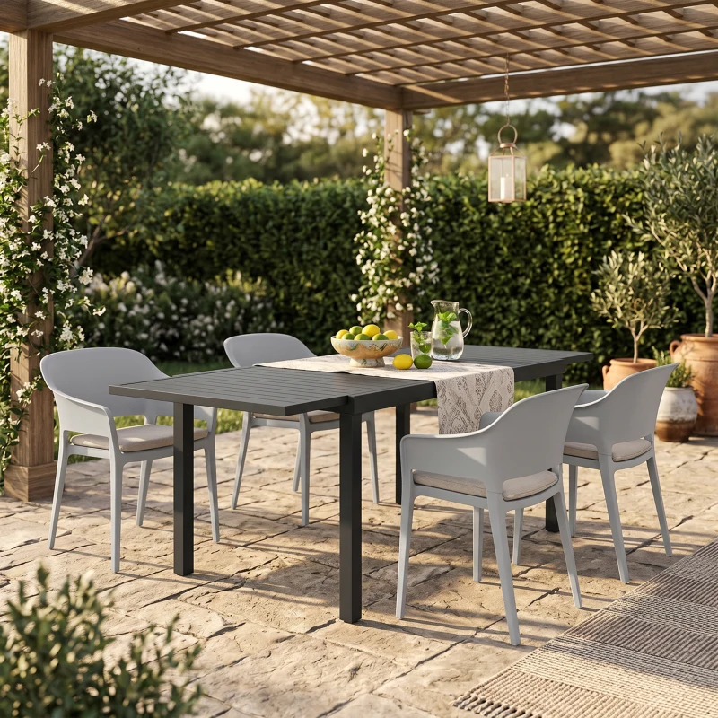 Outsunny Masă de Grădină Extensibilă pentru 6-8 Persoane, Aluminiu cu Blat cu Lamele, Negru