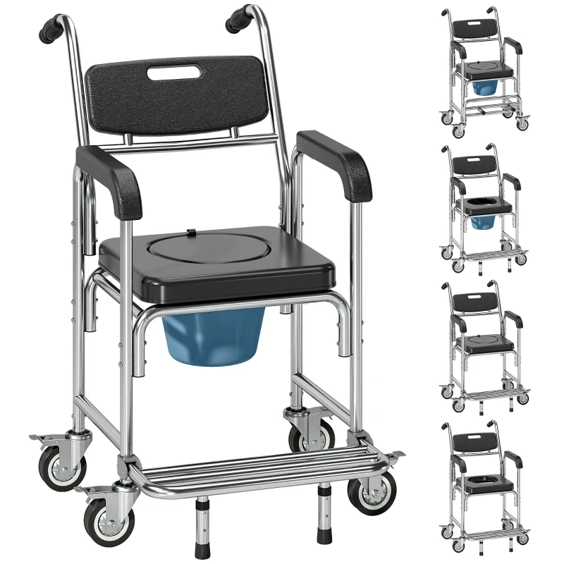 HOMCOM Transport Beside Shower Chair, 3-in-1 Commode Chair with Wheels and Padded Seat, Black