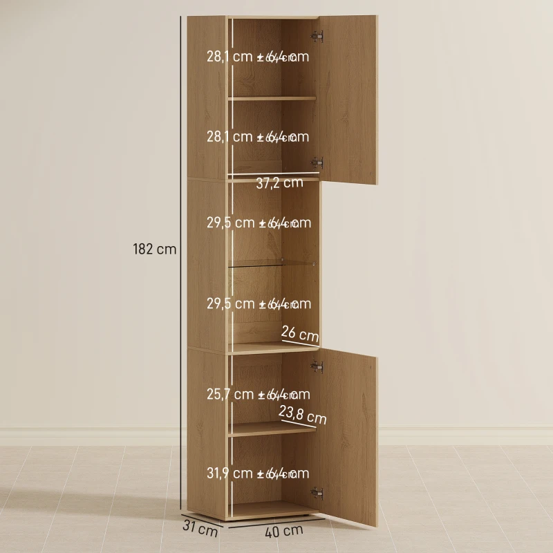 HOMCOM Armoire salle de bain haute, meuble de rangement colonne 6 niveaux 2 portes et étagères réglables, 40x31x182cm, chêne