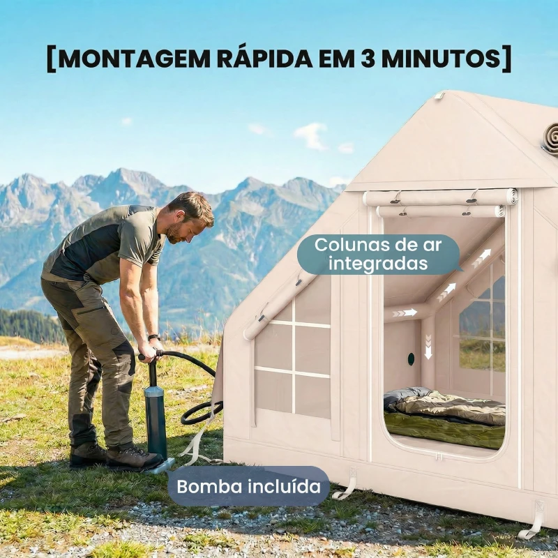 Outsunny Tenda Insuflável com Saída para Fogão e Claraboia Bomba Bolsa UPF30+ para 4 Estações Impermeável 5000+