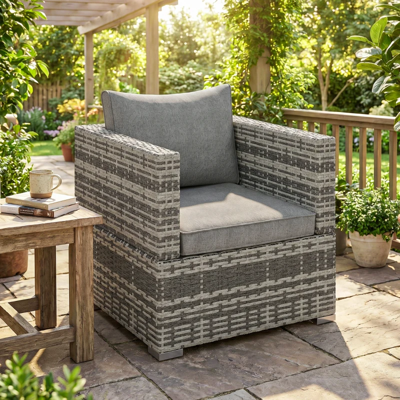 Outsunny Single Seater Rattan Chair Sofa with Padded Cushions, All-Weather PE Wicker Weave Garden Armchair, Armrests Included, Grey