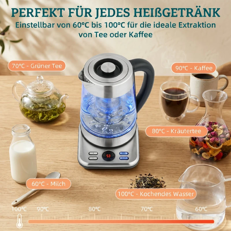 HOMCOM Elektrischer Wasserkocher, 1,7L Schnellkochender 2200W Wasserkocher mit UK Strix Thermostat, Teesieb, Warmhaltefunktion