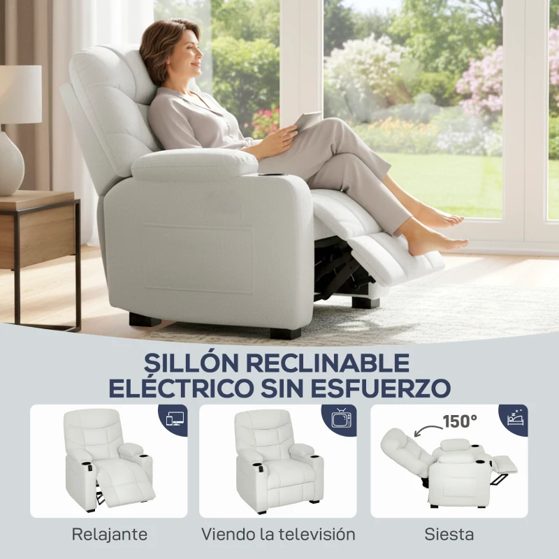 HOMCOM Sillón Relax Reclinable Eléctrico Silencioso con Función Memoria Reposapiés Mando a Distancia Bolsillos Laterales Crema
