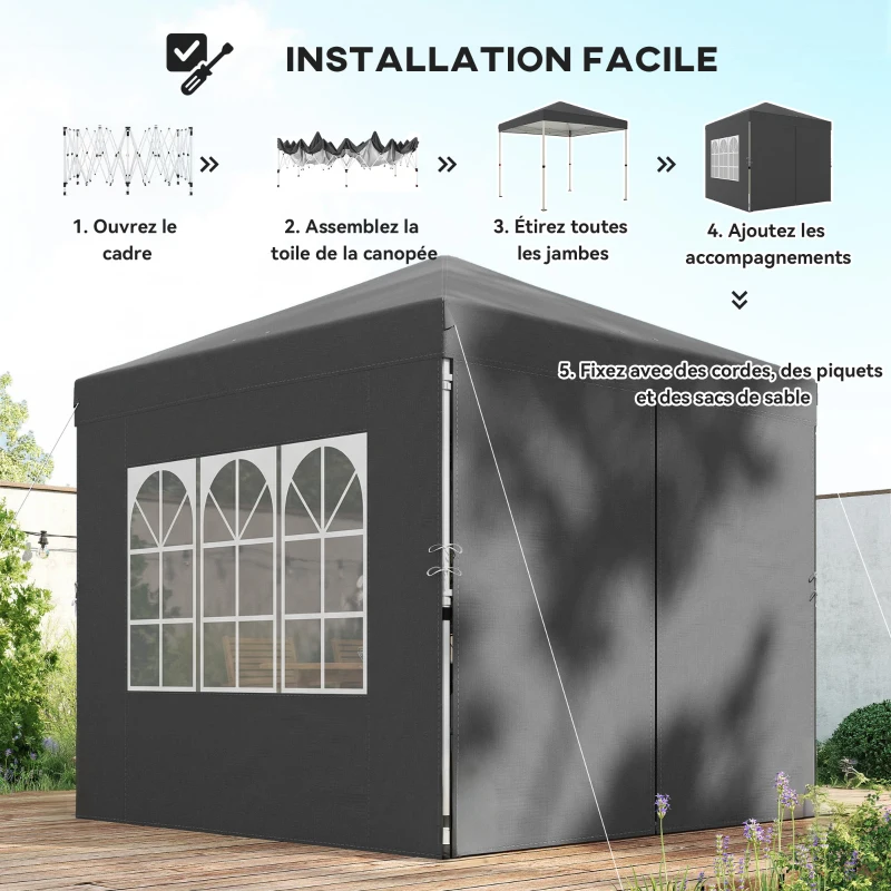 Outsunny Tonnelle de jardin 2,5 x 2,5 m pop up tonnelle pliante réglable en hauteur protection UV50+ montage facile gris foncé