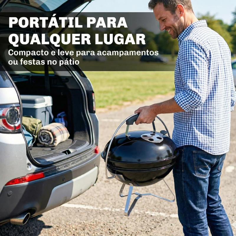 Outsunny Barbecue de Carvão Portátil com Tampa Suporte Grelha Ventilação Ajustável Ø41x44 cm Preto