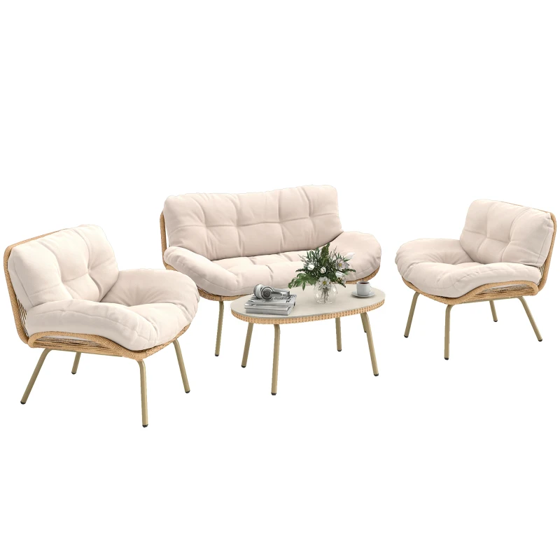 Outsunny Gartenmöbel Set 4-teilig Polyrattan Lounge-Set mit Zweisitzer 2 Sessel Tisch Tiefem Sitz Dicke Kissen