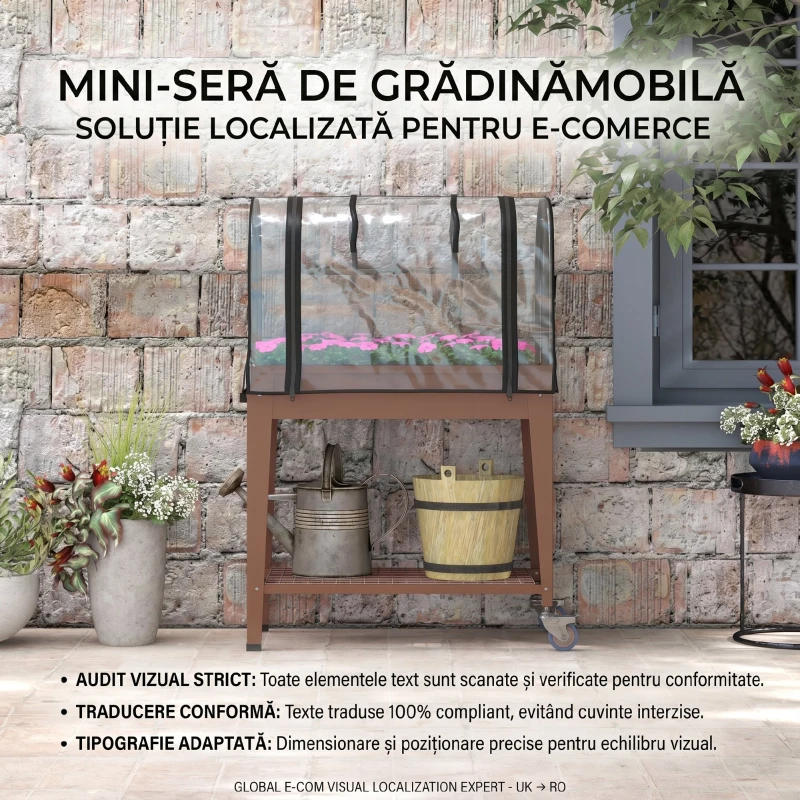 Outsunny Furcă de grădină înălțată cu mini seră pentru plante, roți și raft, 80x40x120cm, maro