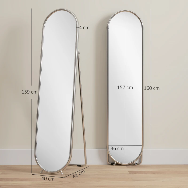 HOMCOM Specchio a Figura Intera da Terra con Supporto Pieghevole, Vetro e Metallo, 40x4x160 cm, Argento