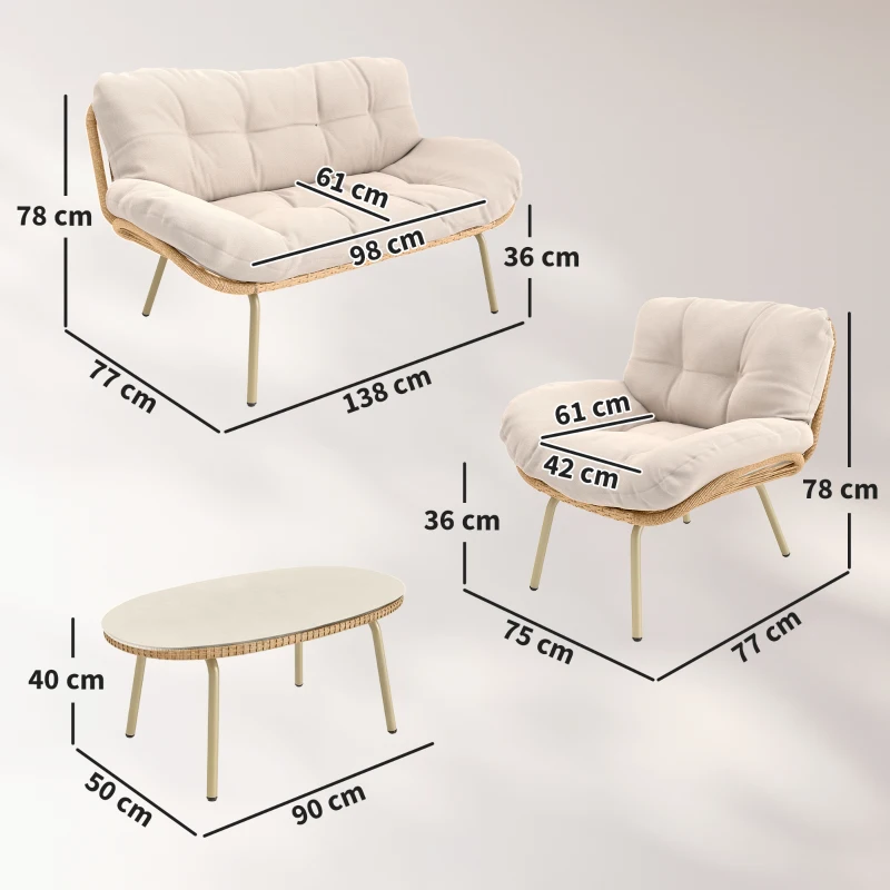 Outsunny Gartenmöbel Set 4-teilig Polyrattan Lounge-Set mit Zweisitzer 2 Sessel Tisch Tiefem Sitz Dicke Kissen