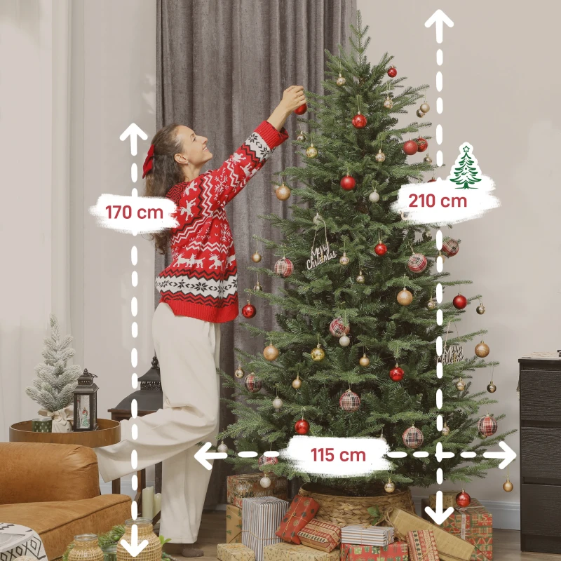 HOMCOM Árvore de Natal Artificial 210 cm com 2322 Ramos Densos Suporte Metálico Dobrável para Interior Verde
