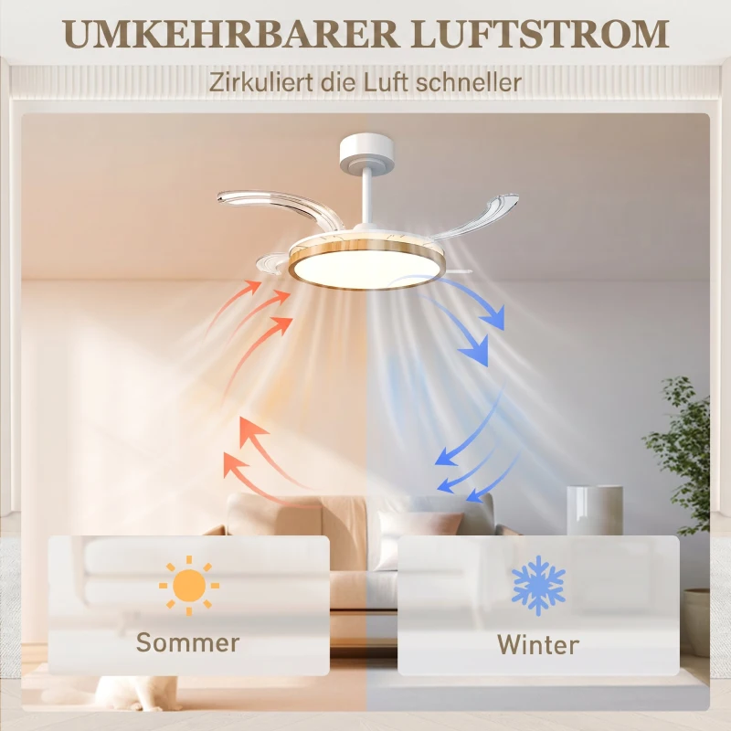 HOMCOM Deckenventilator mit Licht und Fernbedienung, 95 cm moderner LED-Deckenventilator mit einziehbaren Flügeln, Natur