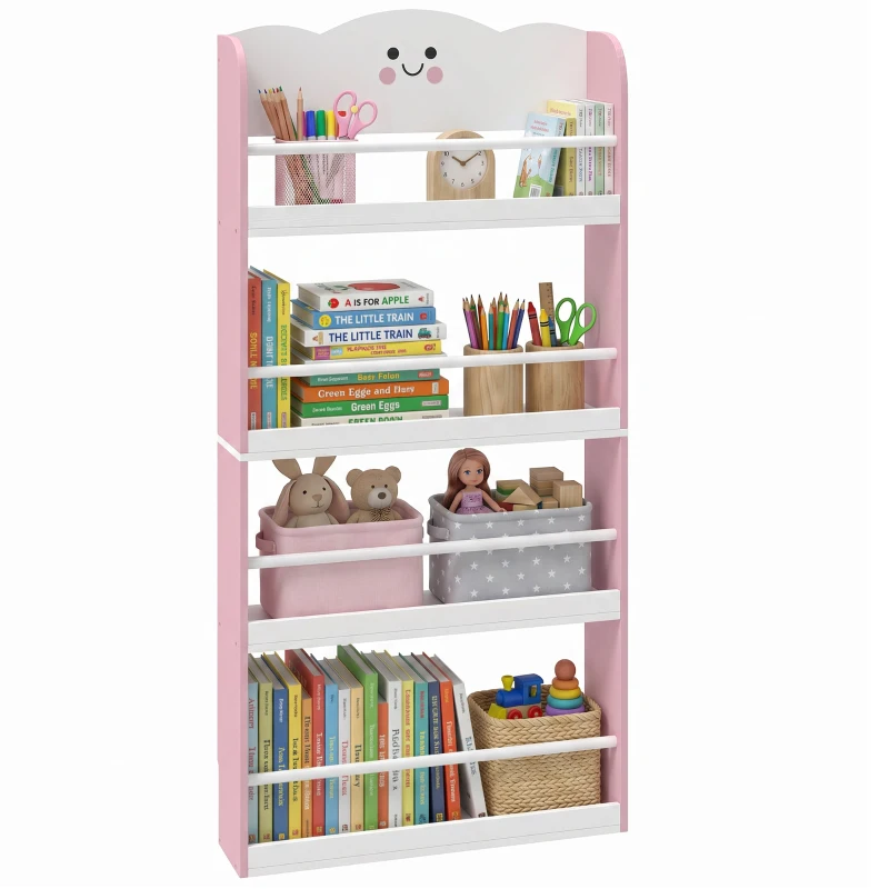 AIYAPLAY Children's bookshelf with 4 tiers, wall-mounted bookshelf for kids' room, playroom, living room, Pink