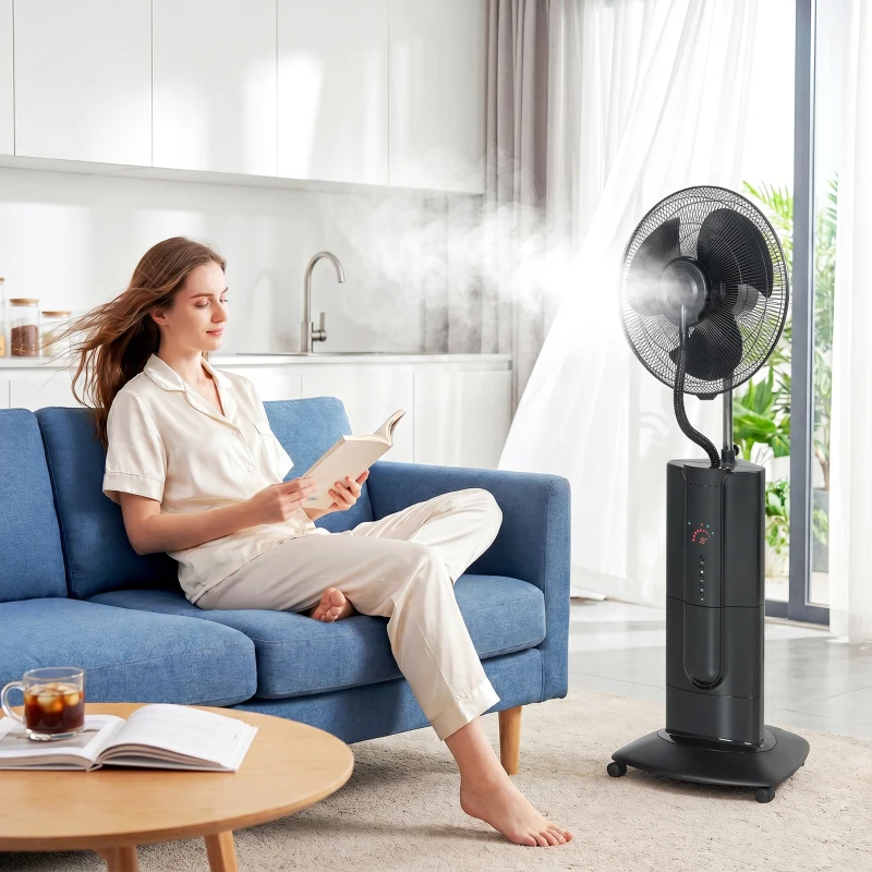 HOMCOM Ventilateur brumisateur 100 W à ionisation négative, ventilateur sur pied 130 cm, 3 vitesses, 3 modes, minuterie, noir