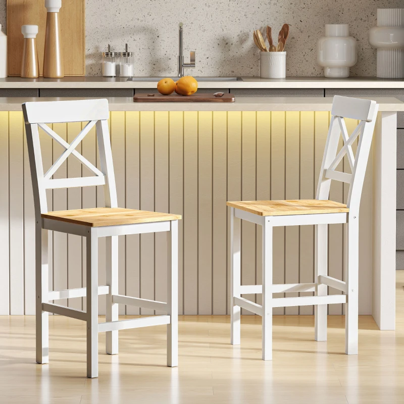 HOMCOM Lot de 2 tabourets de bar, chaises hautes campagne, dossier haut et repose-pieds, 41x46x97,5cm, blanc et bois naturel