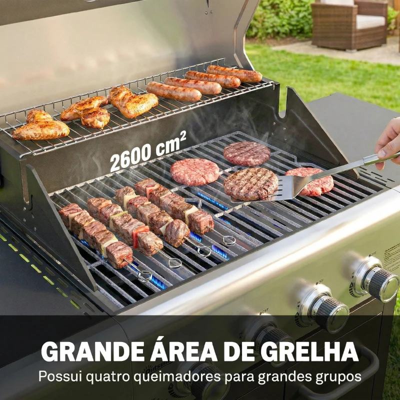 Outsunny Barbecue a Gás com 4 Queimadores 44000 BTU Rodas Grelha de Aquecimento Termómetro 129x55x117 cm Preto e Prata