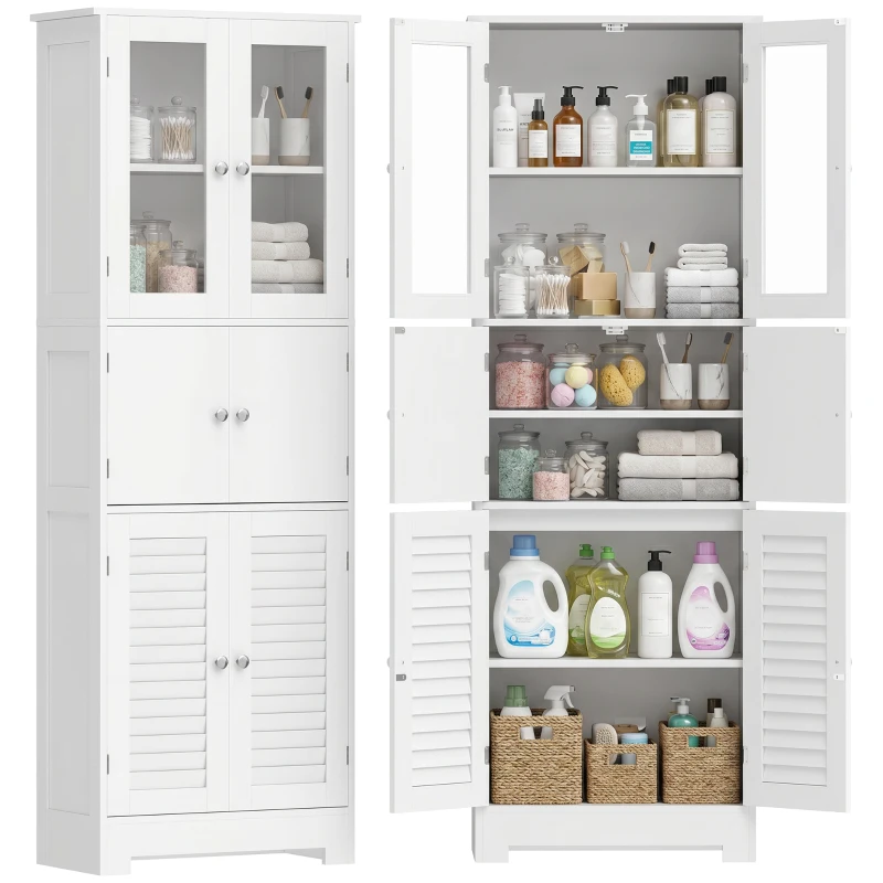 HOMCOM Mueble alto de baño, mueble de almacenamiento con 6 puertas incl. 2 acristaladas y 2 persianas, estante regulable, blanco