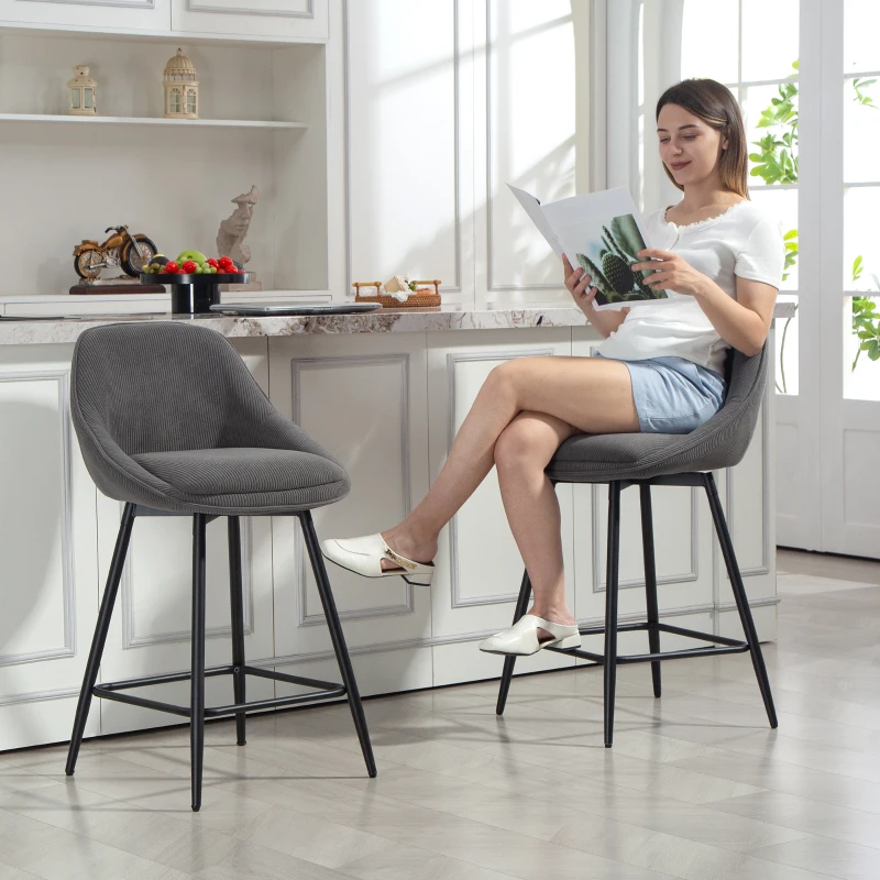 HOMCOM 2er-Set Barstühle mit Cordbezug und Stahlbeinen, Polsterstühle für Kücheninsel, Esszimmer, Grau