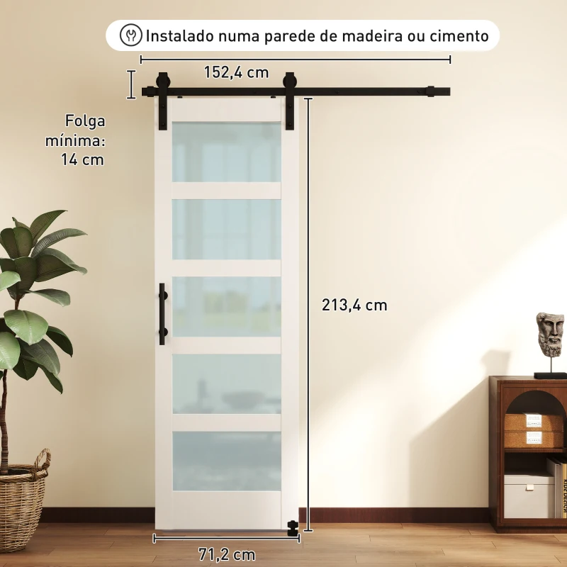 HOMCOM Porta de Correr com Ferragens 71x213 cm Porta de Correr Interior de MDF e Vidro Fosco com Rolo Trilho Guia de Chão Branco