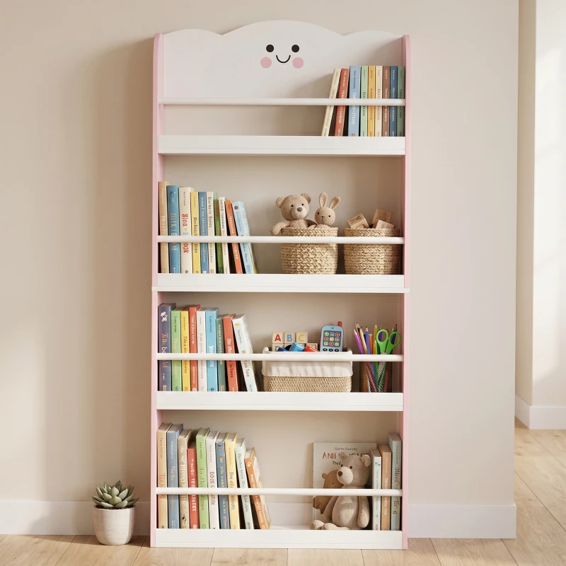 AIYAPLAY Children's bookshelf with 4 tiers, wall-mounted bookshelf for kids' room, playroom, living room, Pink