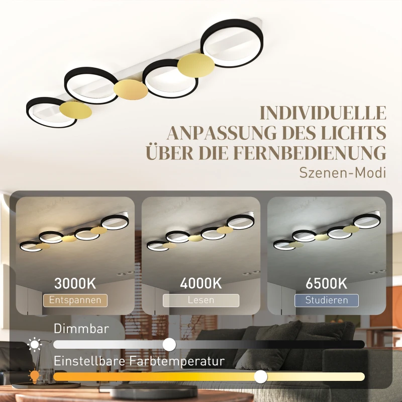 HOMCOM Deckenleuchte LED 38W 1500LM 3000K-6500K Deckenlampe Wohnzimmerlampe mit 4 Glühbirnen Fernbedienung Schwarz+Gold