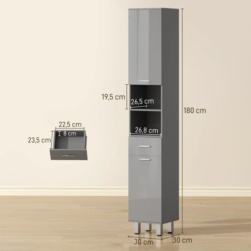 kleankin Badezimmerschrank, Badkommode, mit Regalen und Schublade, verstellbar, Grau