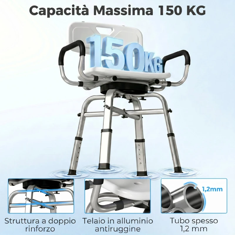 HOMCOM Sedia per Doccia Girevole ad Altezza Regolabile con Braccioli, Schienale, Capacità 150 kg, Bianco