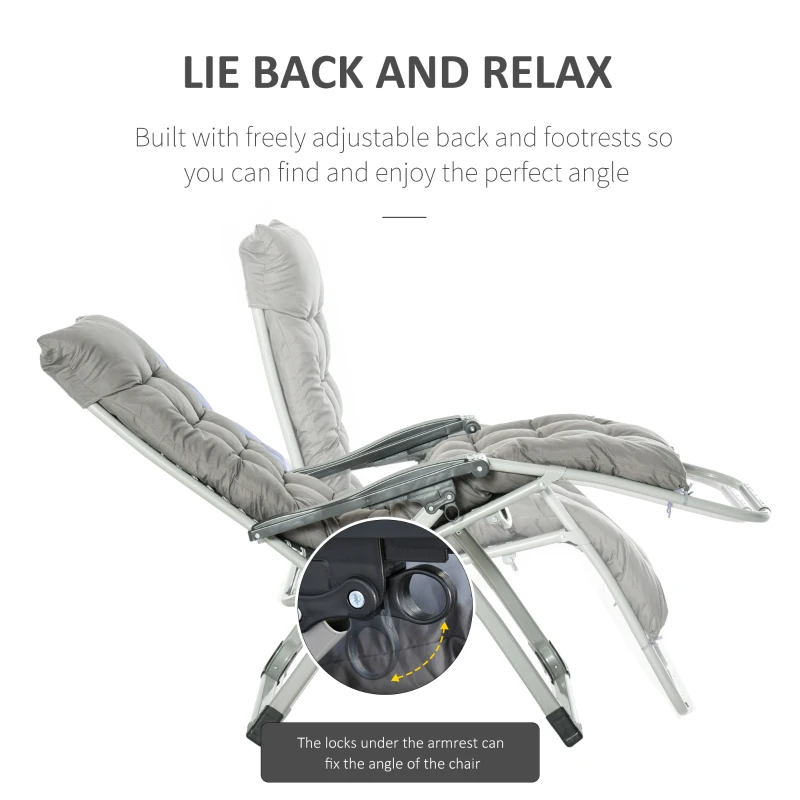 Outsunny 2pc Reclining Zero Gravity Sun Loungers ,Folding Chaise Lounge Chair with Cushions, Dark Grey