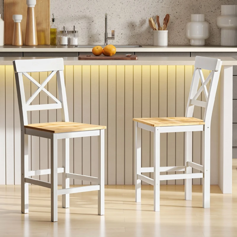 HOMCOM Barhocker 2er Set Barstuhl aus Kiefernholz mit Fußstütze, Lehne, Landhaus-Stil für Küche, Wohnzimmer, Natur