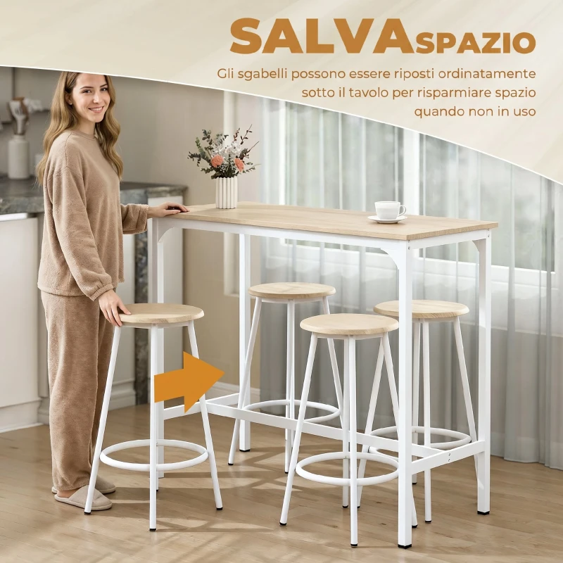 HOMCOM Set da Pranzo 5 Pezzi con Bancone da Bar 110x50x89.5 cm e Sgabelli Ø30x60.5 cm in Legno e Metallo Color Legno