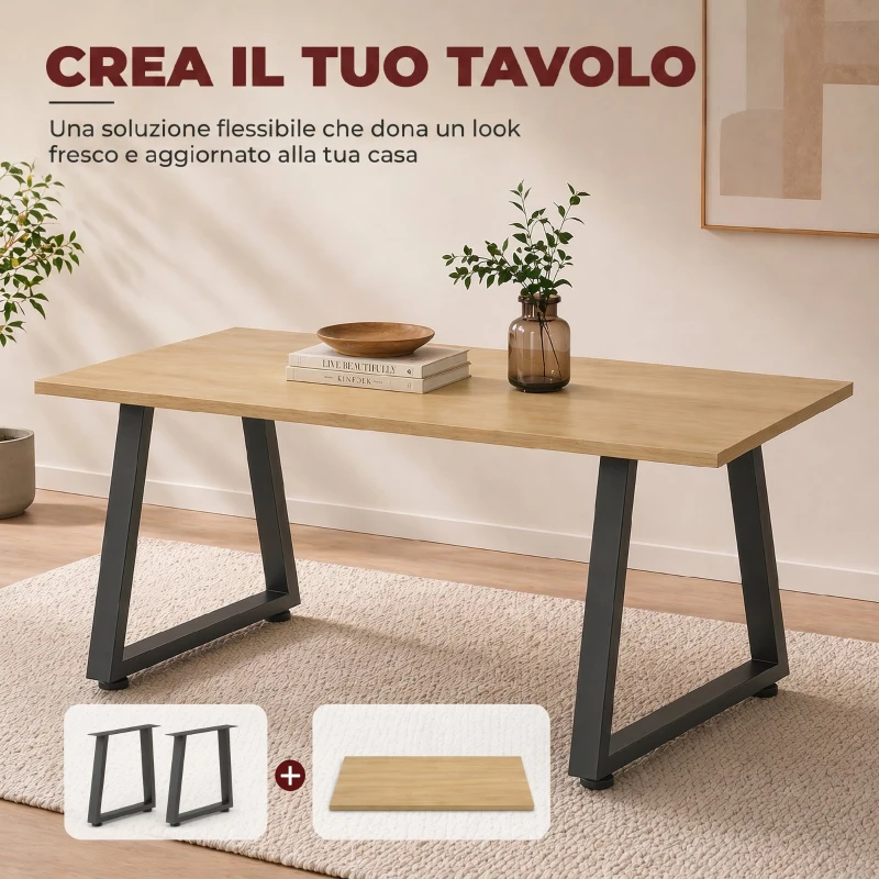 HOMCOM Set 2 Gambe per Tavolo Trapezoidali in Acciaio con 12 Fori e 12 Viti, Capacità 75 kg, per Panca, Tavolino, Nero