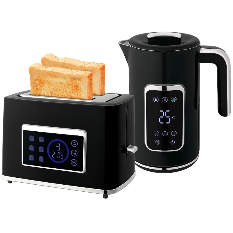 HOMCOM Wasserkocher und Toaster-Set mit LED-Touchscreen, 1,7 L, 2 Toasterschlitze, verschiedene Modi und Funktionen, Schwarz