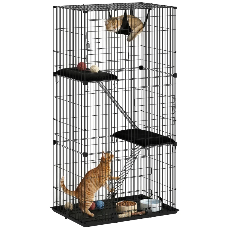 PawHut 3-Tier Large Cat Cage Indoor, Detachable Metal Wire Kennel with Hammock, Platforms, Tray and Cushions for 1-2 Kittens