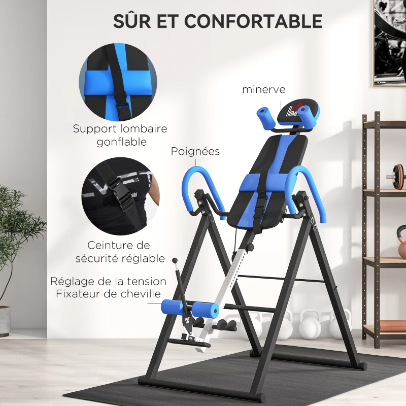 HOMCOM Table d'inversion de musculation pliable ceinture de sécurité réglable angle ajustable 3 niveaux 79x114x153cm bleu noir