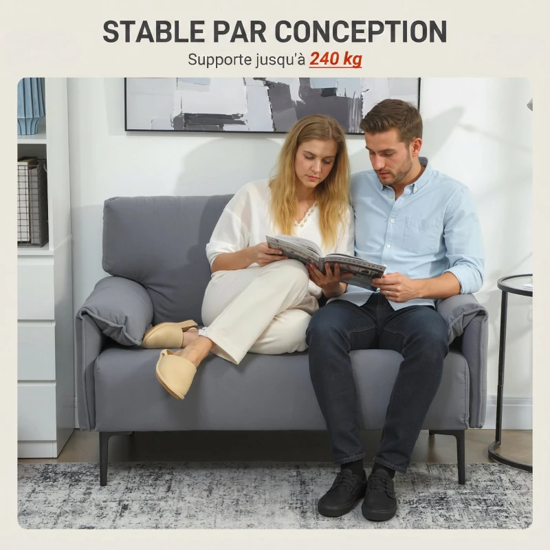 HOMCOM Canapé 2 Places, Canapé de Salon Rembourré avec Accoudoirs Matelassés, Effet Velours, 127 x 72 x 84 cm, Gris