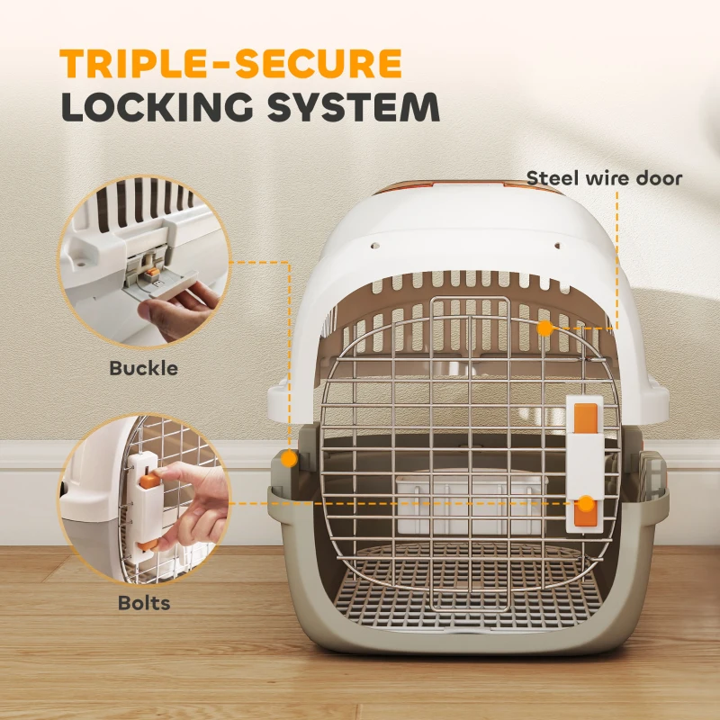 PawHut Plastic Pet Carrier Hard Shell Dog Cat Carrier Max 4 KG Steel Door Feed Bowl Secure Lock 49 x 32 x 31 cm