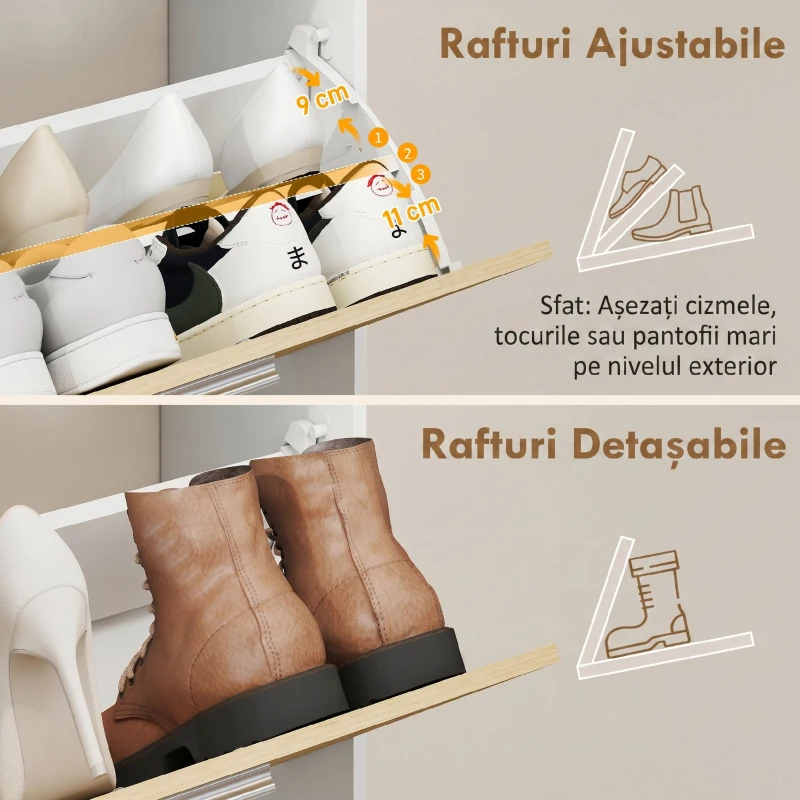 HOMCOM Dulap Slim pentru Pantofi cu 2 Sertare Rabatabile, Dulap Intrare cu Rafturi Reglabile, 3 Rafturi Deschise, Spațiu pentru 8 Perechi de Pantofi, Alb și Lemn Natural, 80x26x90 cm