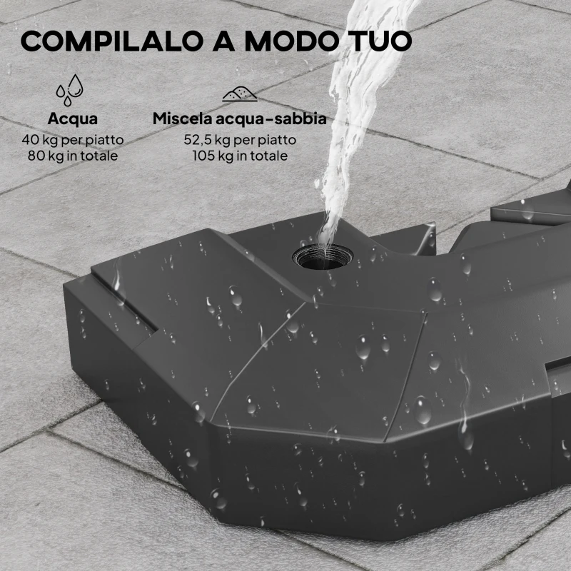 Outsunny Set 2 Pesi Base per Ombrellone a Sbalzo in HDPE Riempibili fino a 105 kg, 101x101x12cm, Nero