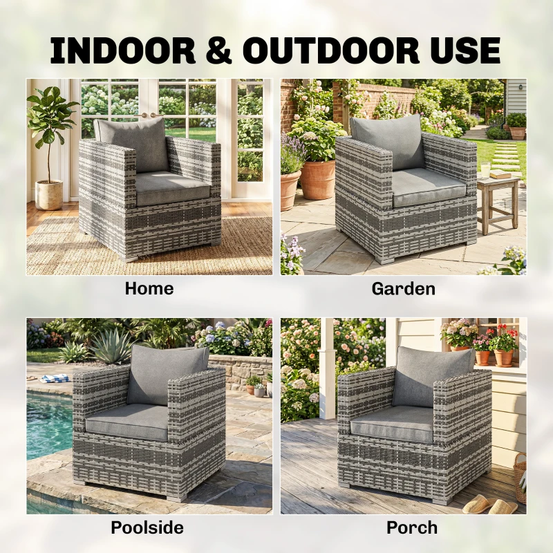 Outsunny Single Seater Rattan Chair Sofa with Padded Cushions, All-Weather PE Wicker Weave Garden Armchair, Armrests Included, Grey