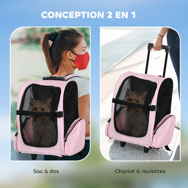 PawHut Sac de transport à roulettes pour chien 2 en 1 trolley chariot sac à dos pour chien chat avec poignée téléscopique, sacs de rangement, aérations, attache de sécurité, 42 x 25 x 55 cm, rose