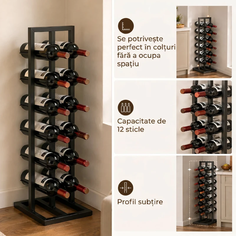 HOMCOM Suport din Metal, 12 Sticle, de Podea, Negru